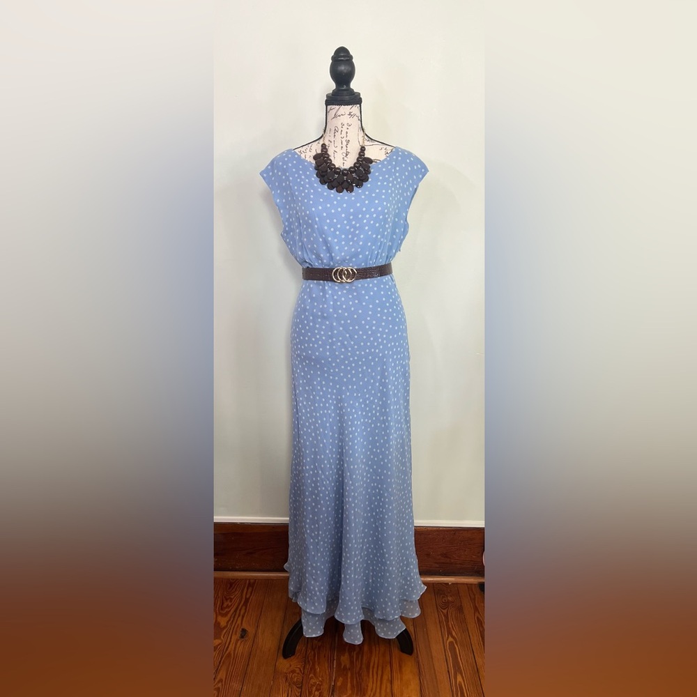 Chadwicks Cottagecore Blue Polka Dot Silk Midi Dress Size 10